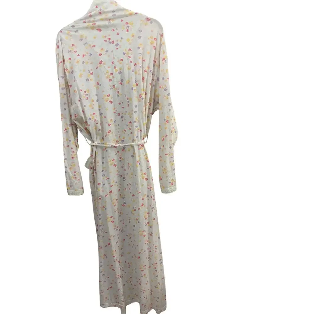 LL Bean 100% Cotton White Floral Robe Vintage M Belted Pockets Cozy Grannycore